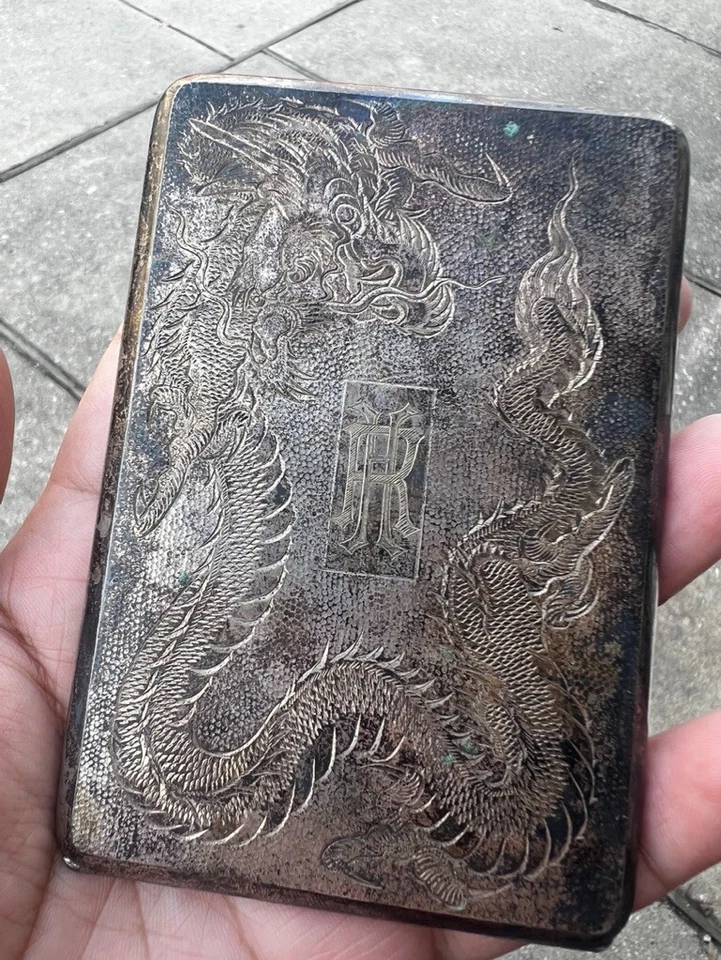 Hermoso estuche antiguo japonés de plata de exportación con dragón Foto 2 de 4