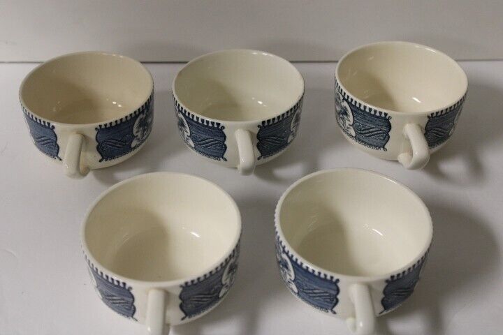 Set Of 5 Royal USA Currier And Ives Blue Old Grist Mill Flat Cups