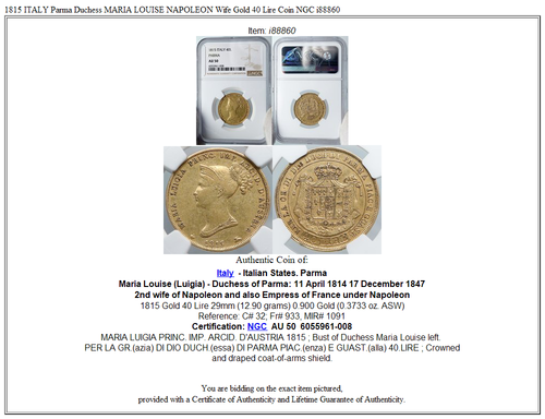 1815 ITALY Parma Duchess MARIA LOUISE NAPOLEON Wife Gold 40 Lire Coin NGC i88860 - Picture 5 of 5