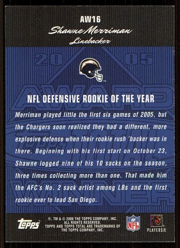 2006 Topps Total Award Winners #AW16 Shawne Merriman - Picture 2 of 2