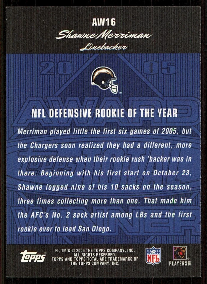 2006 Topps Total Award Winners #AW16 Shawne Merriman - Image 2 of 2