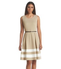 New! CALVIN KLEIN ~Size 10~ Belted Ponte Knit Stripe Hem Flare Dress Retail $128