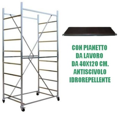 Trabattello TRIS Con Mezzo Piano - Altezza 3.86m, Base 80x130 Cm, Ruote Con Freni