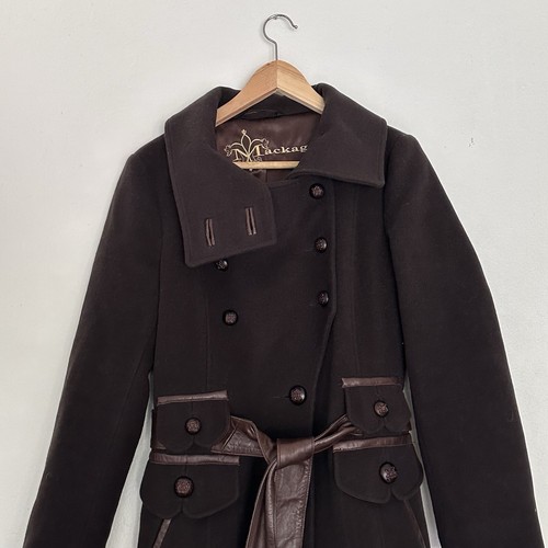 MACKAGE Brown Wool Cashmere Double Breasted Belted Trench Military Coat SZ 8/10 - Picture 17 of 18