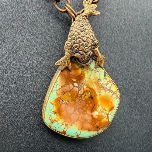 ๐ 1993 Stephen Dweck Bronze Fish Pendant Necklace | 32โ Chain 3โ Natural Stone - Picture 2 of 8