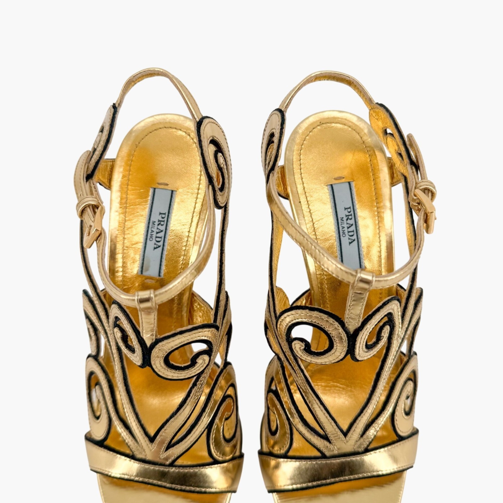 Prada Baroque Gold Caged Sandals Size 37.5 US 7.5 Cutout Metallic Leather Heels thumbnail 5