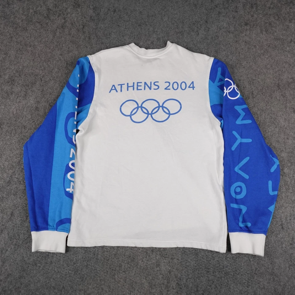 Vintage Olympics Sweater Mens XS White Blue Athens 2004 Torch Relay Shirt Adidas - Image 2 of 4