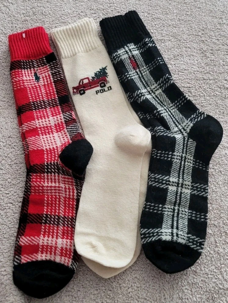 (3) POLO Ralph Lauren Truck- Intarsia & Plaid Wool-Blend Socks Os