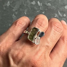 Moldavite, Black Tourmaline & Herkimer Diamond Ring 925 Sterling Silver Ring