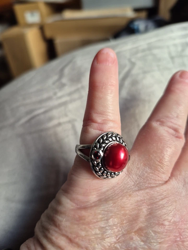 Honora 樱桃珍珠红色石榴石戒指纯银 5 码 — 第 2/4 张图片