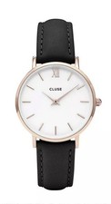 Cluse Women's Minuit White Dial Black Leather Rose Gold Case Watch CL30003 NWT