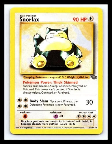 💥  Snorlax # 27/64 Jungle Set Rare Vintage 1999 Pokemon TCG Card