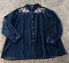 Denim Shirt Womens 2XL Floral Embroidered Boho Western Collections Etc Button Up