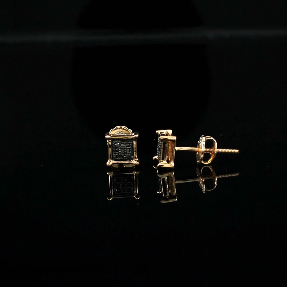 Aretes negros reales de diamantes genuinos enchapados en oro amarillo de 14K de ley Foto 2 de 4