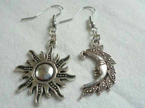 Pair Celtic Sun and Moon Face Earrings Set Fairy Magical Jewelry Antiqued Silver - Picture 5 of 5