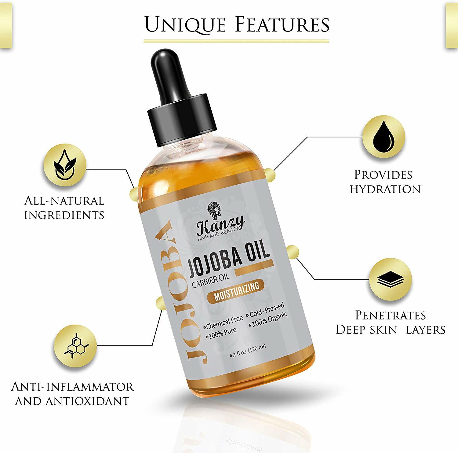 Kanzy Jojoba Oil Organic for Hair Body skin face oil, Pure Natural Cold