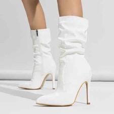 Stivali Donna Comodi Tacco 11 cm Bianco Lucido Pelle Sintetica Eleganti 29106