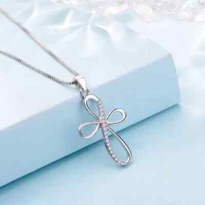 050Ct Lab Created Diamond Round Infinity Cross Pendant 14K White Gold Plated 16'