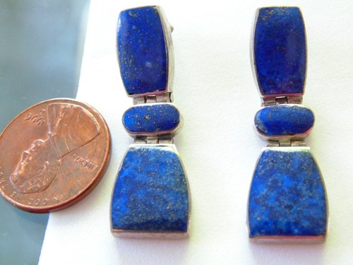 Vtg Sterling Silver 950 Blue Lapis Pierced Dangle Earrings Hinged Geometric - Picture 2 of 4