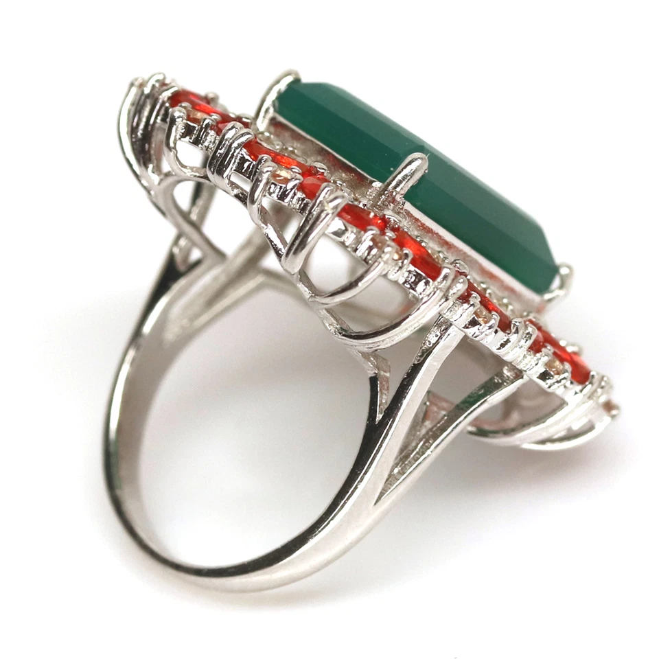 Gemstone 12 X 15 mm. Green Agate, Fire-Opal & Zircon Wonmen Ring 925 Silver - Image 4 of 4