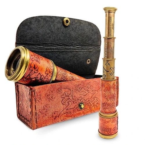 Engravable Working Brass Telescope With Leather Box Pirates Spyglass For Hiking