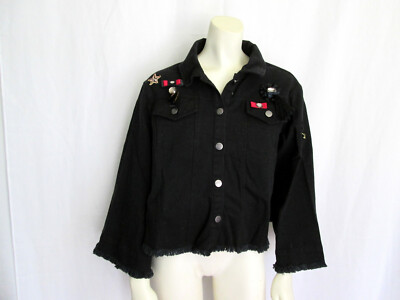 NEW Guest Editor XS Black Denim Jean Jacket Bell Sleeve Fringe Hem Anthropologie