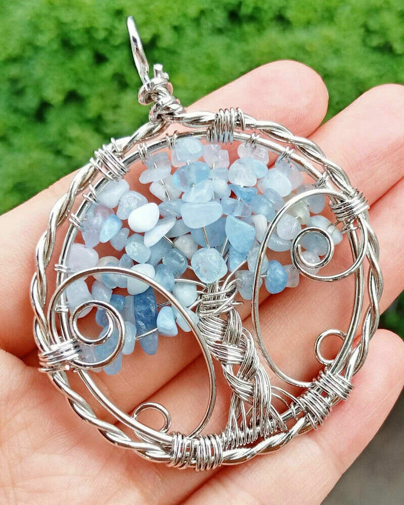 5pcs Aquamarine stone Tree of life Pendants Energy Chakra Reiki
