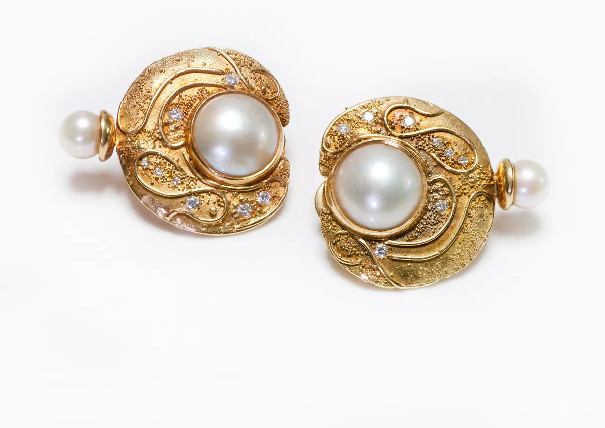 Elizabeth Gage 18K Yellow Gold Diamond Pearl Earrings