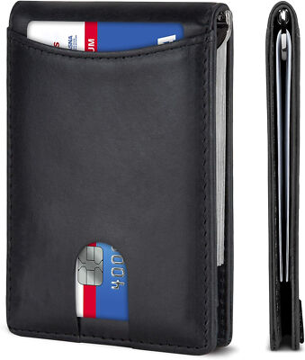 Genuine Leather RFID Blocking Bifold Mens Slim Minimalist Wallet with Money Clip