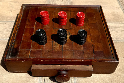 Antique Chessboard Box with drawer 19th century wood + 30 old Games Counter