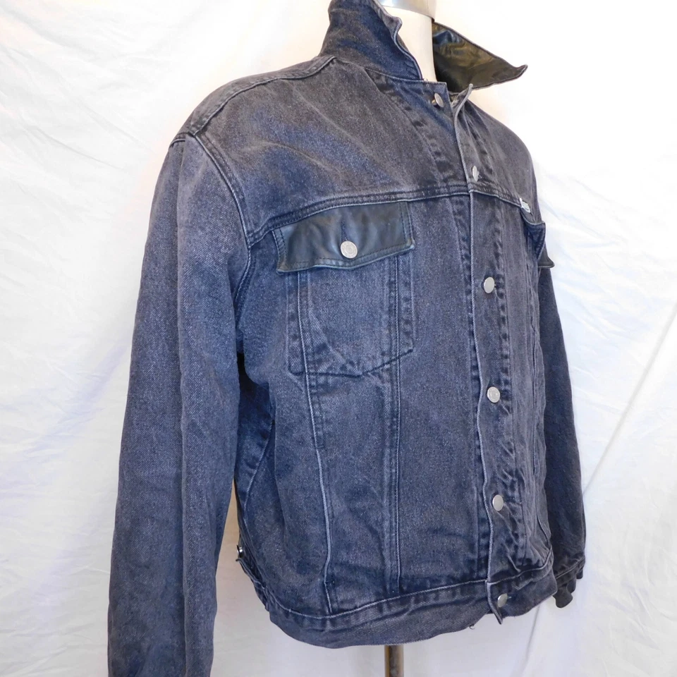 Vtg Guess Mens Sz L Marciano Classic Style Black Denim Trucker Jacket Leather - Image 3 of 4