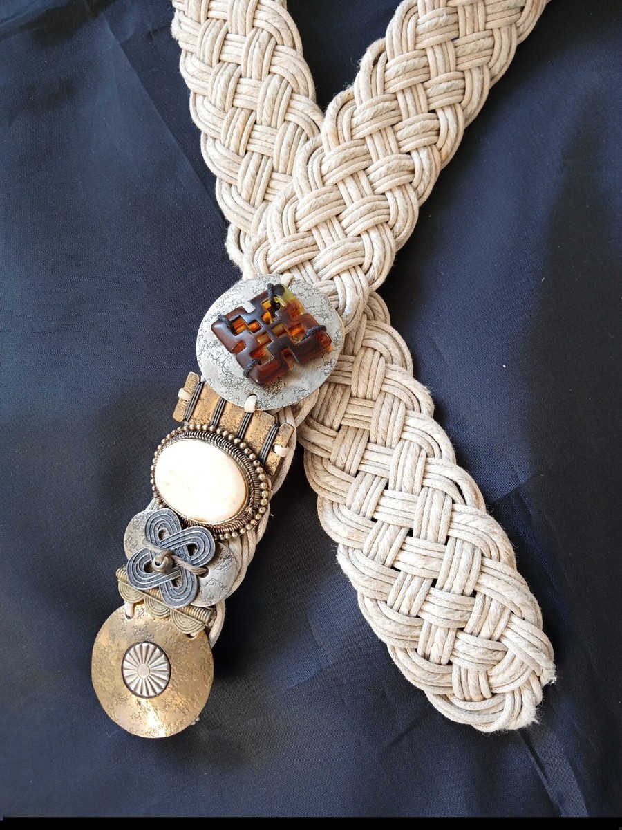 Vintage Marjorie Baer Braided Belt Bohemian Gypsy Festival Aesthetic Tan Silver Vintage Baer Boho Natural Braided Belt with Mixed Metals  main image 4