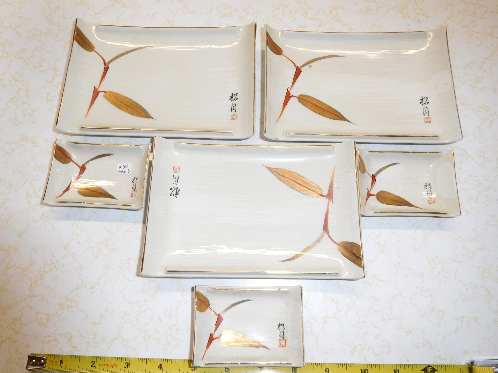 6 Vintage Japanese Rectangular Gold Leaf Plates 3 Medium & 3 Small w ...