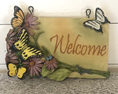 NIB Hand-painted Welcome Sign Butterflies Garden Sign Patio Porch