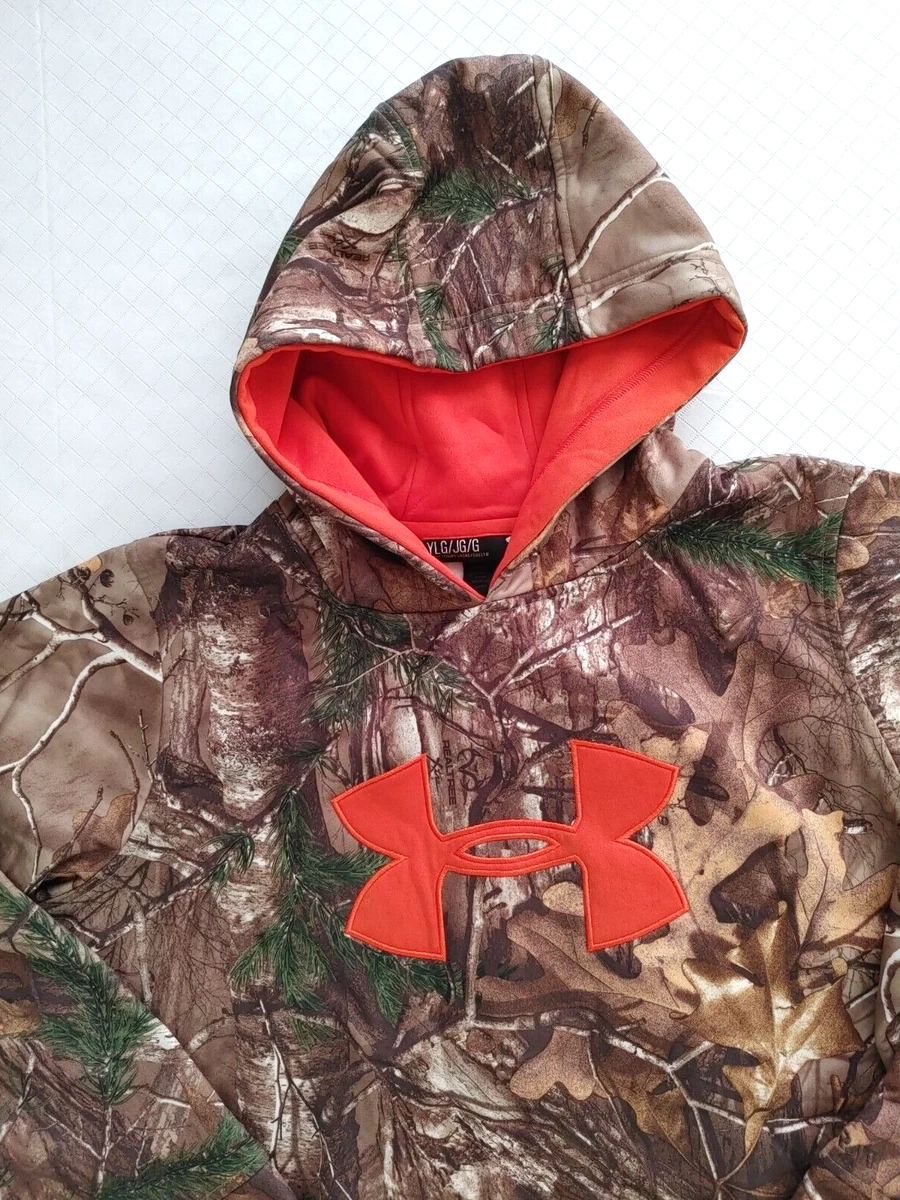 Under Armour Realtree Forest Camo Hoodie Large Front Logo Brn Org YLG 15022