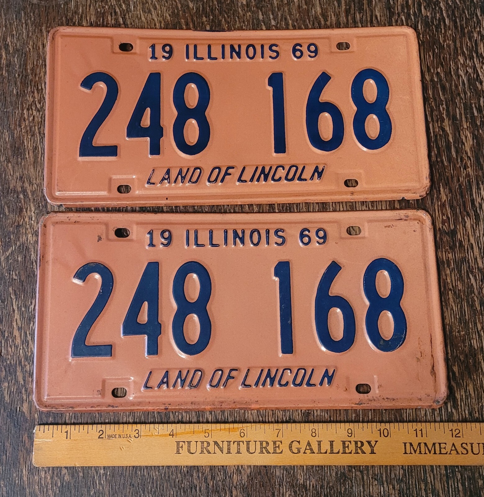 Vintage 1969 Illinois License Plate Set Matching Pair Plates # 248 168