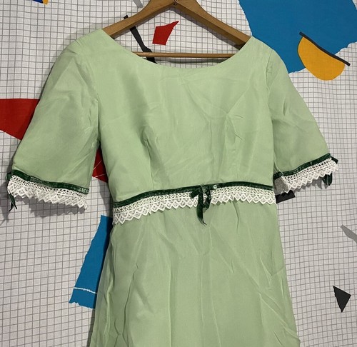 Vintage 50s Silk Chiffon Dress Green Lace Organza Velvet Ribbon 60s Maxi - Picture 4 of 20