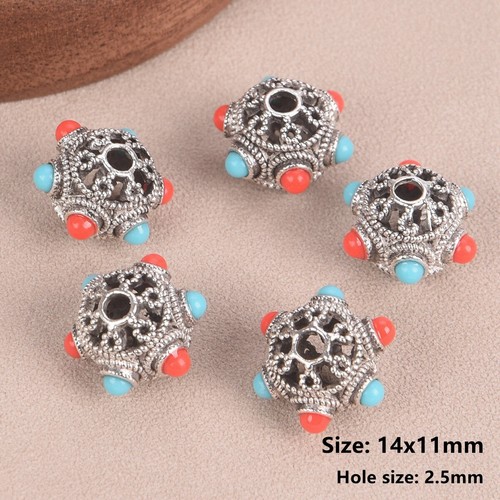 5pcs Nepalese Buddhist Tibetan Silver Color Red Blue Dots Loose Beads DIY Lot - Picture 7 of 12