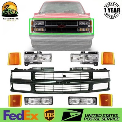 Front Grille + Headlights + Side Marker Lights For 1994-2000 Chevy C/K-Series