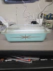 PYREX 1960s Atomic Starburst 575-B 2 QT Casserole Dish W/Lid Turquoise Gold RARE