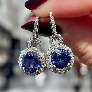 Authentic Tanzanite 2.00Ct Round Cut Halo Dangle Earrings 14K White Gold Plated Silver