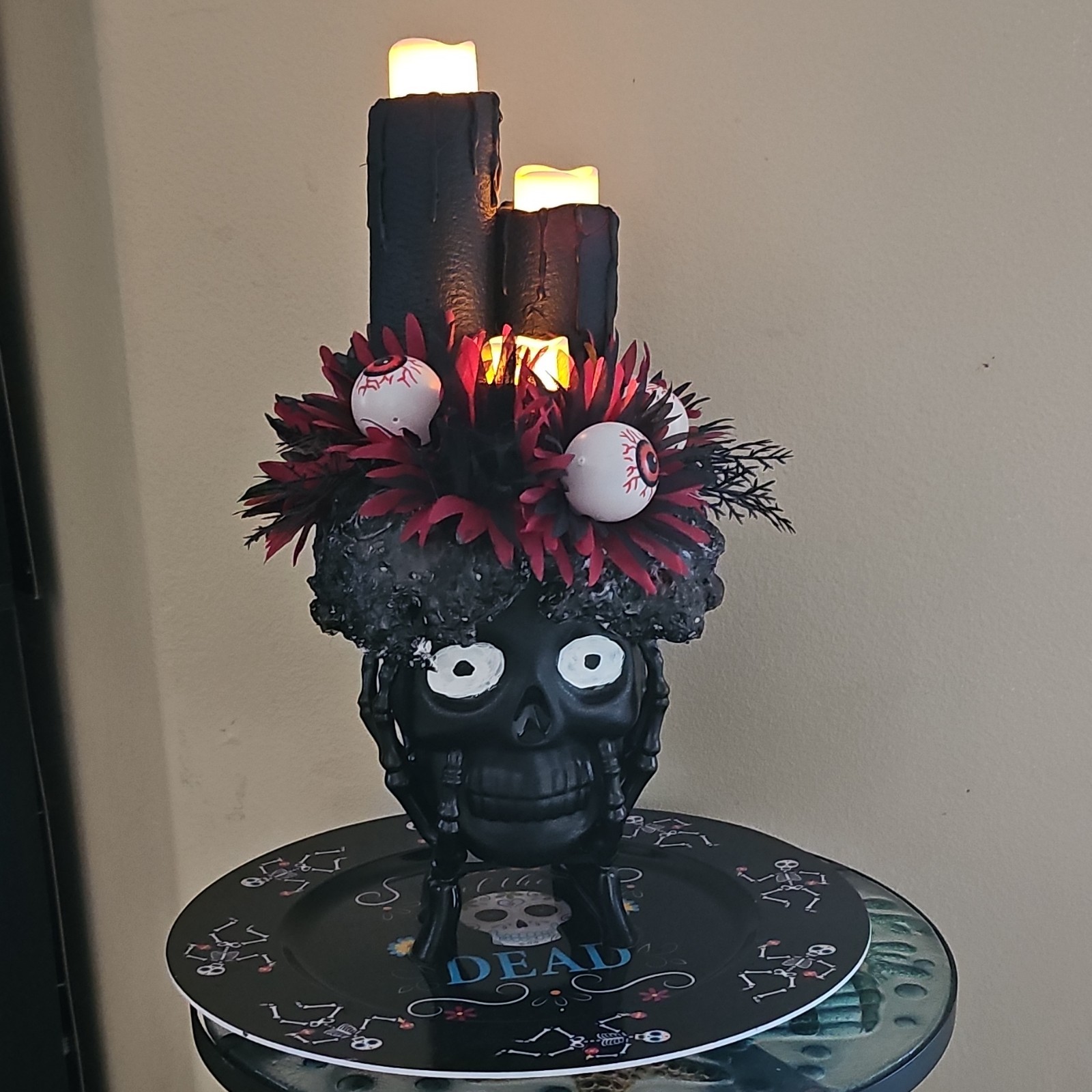 Halloween Skull Eyeball Figurine, Black Red White Gothic Decor, Matte Plastic
