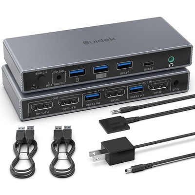 Displayport KVM Switch 2 Monitors 2 Computers 4K60Hz, KVM Switcher with 4 USB...