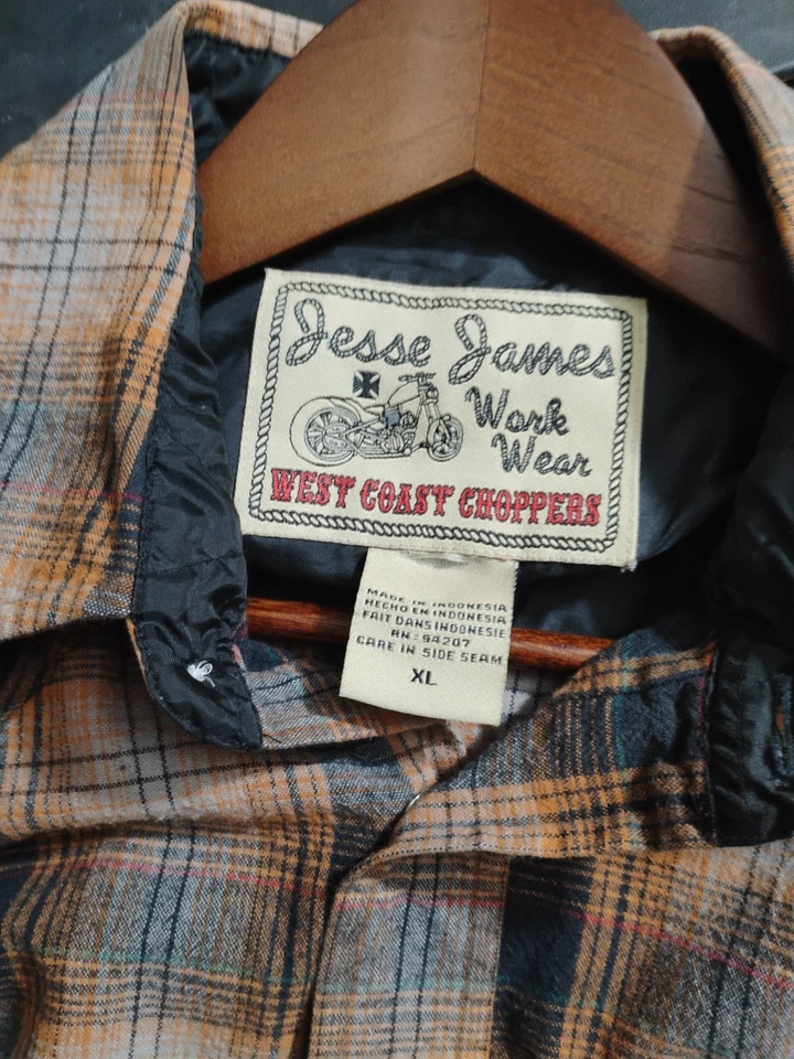 Jesse James Work Wear Shirt Mens Xl West Coast Choppers Brown Plaid Pearl Snap - Image 3 of 4