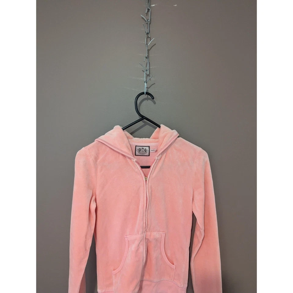Juicy Couture Hoodie Womens Small Pink Velour Zip Up Fun Is Back Sweatshirt - Image 2 of 4