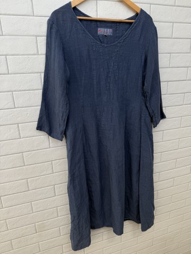 Manuelle Guibal Paris 100% Linen Blue 3/4 Sleeve Dress Pockets Size 3 - Picture 3 of 13