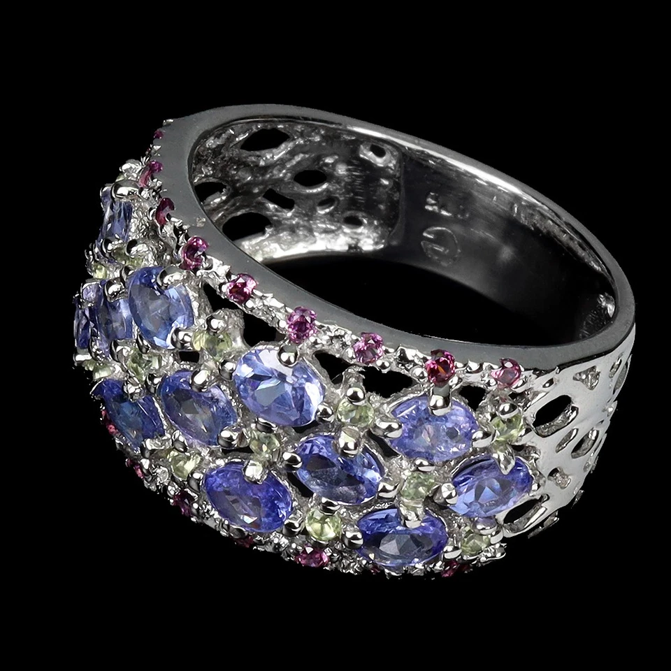 925 Sterling Silver Ring Oval Tanzanite Peridot Rhodolite Gemstone Jewelry Size - Image 3 of 4