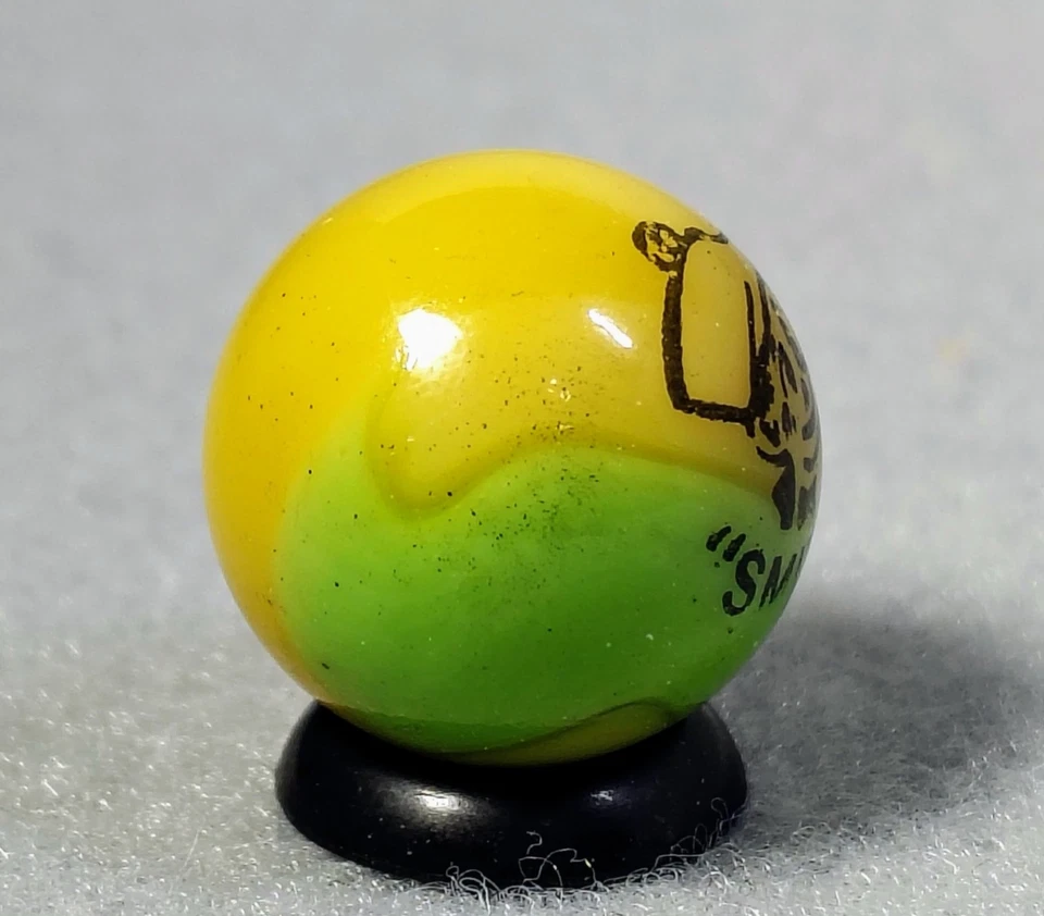 0.65" Peltier Comic Marble "Smitty" yellow & Green Partially on Patch HTF UV M- - Image 3 of 4