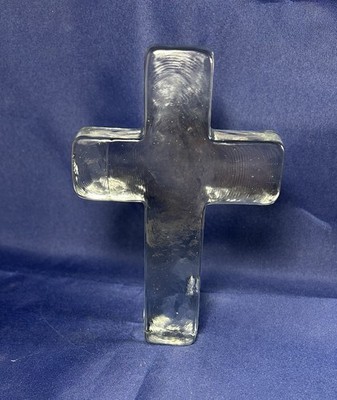 Heavy Thick Block Glass Cross 5.25'' Standing Ice Style Paperweight Decor
