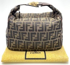 Auth Fendi Zucca FF Canvas Leather Khaki Brown One Handle Handbag W/D NS050921